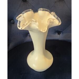 Fenton Silver Crest Milk Glass Ruffled Vase – 9" Crimped Clear Edge Vintage